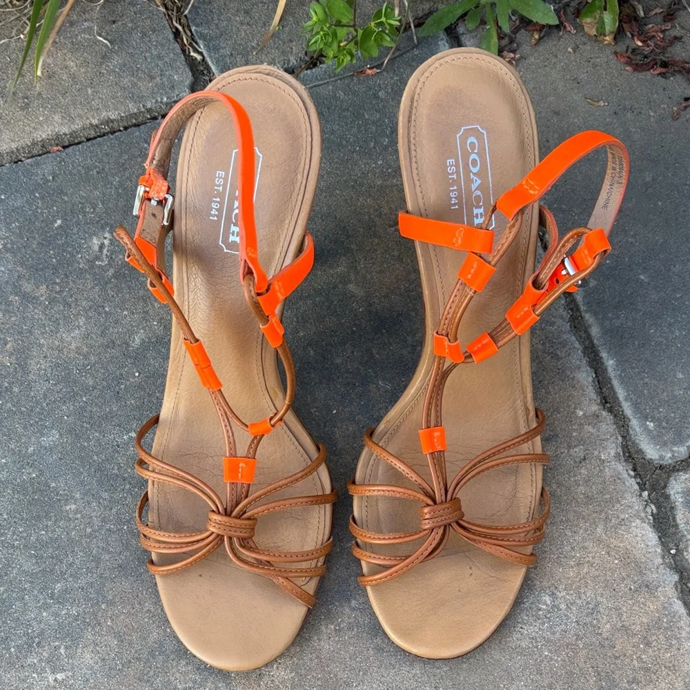 Coach Women's Lana Leather Tan and Orange Strappy Heels‎